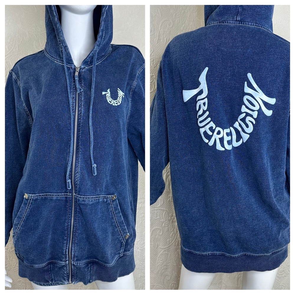 True Religion Oversized Puff Print Boyfriend Big T Blue Zip Hoodie
